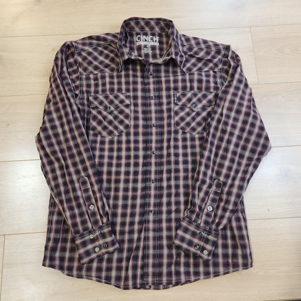 Cinch Shirt Mens Medium Red Plaid Long Sleeve Western Snap Modern Fit Casual